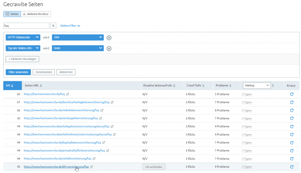 Gecrawlte Seiten im Site Audit