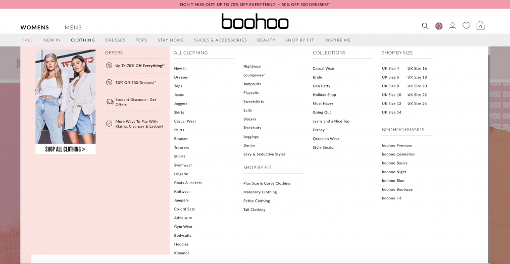 Boohoo's Navigation Menu