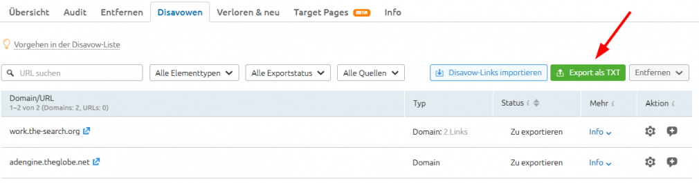 Disavow-Datei exportieren