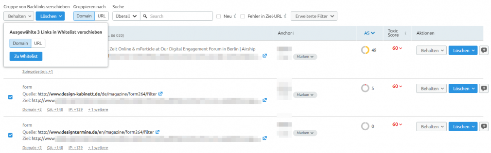 Whitelist-Option im Backlink Audit