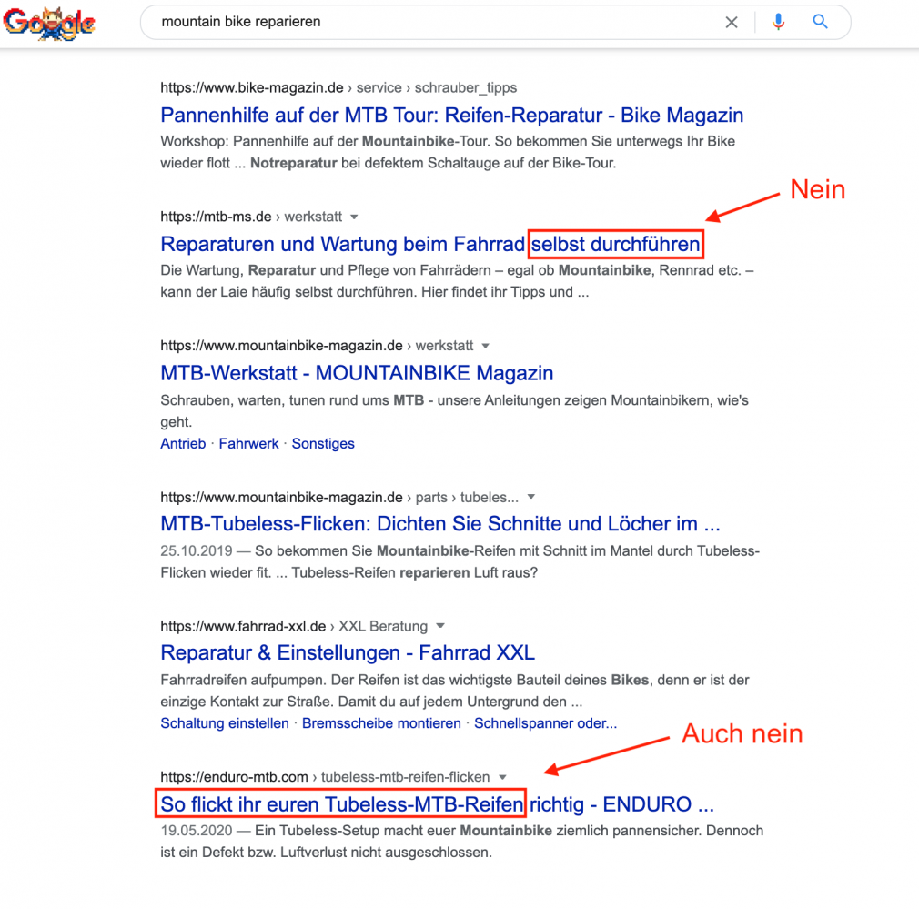 Beispiel für nicht transaktionale Suchergebnisse
