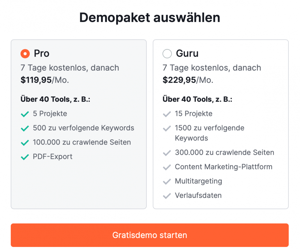 Semrush kostenloses Demopaket Übersicht Preise