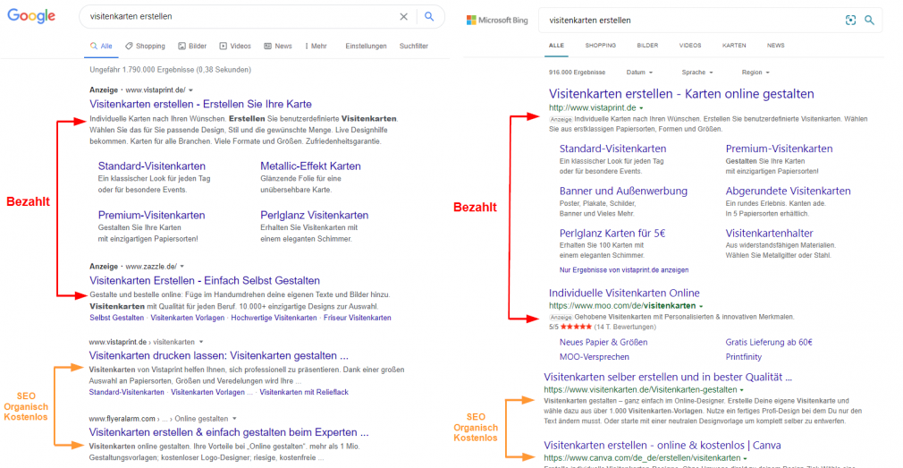 Suchergebnisse: Bezahlt und kostenlos (SEO)