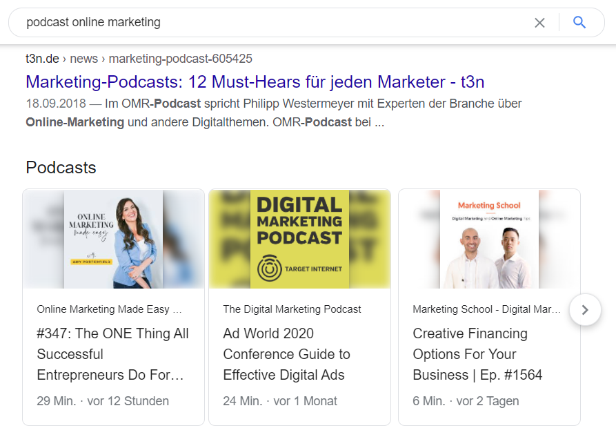 Podcasts im Google-Suchergebnis