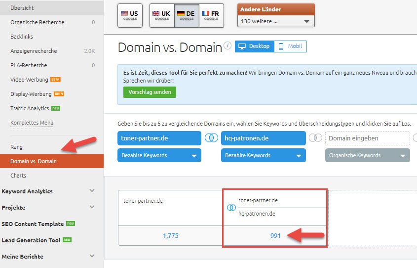 Domain vs. Domain SEMrush Funktion