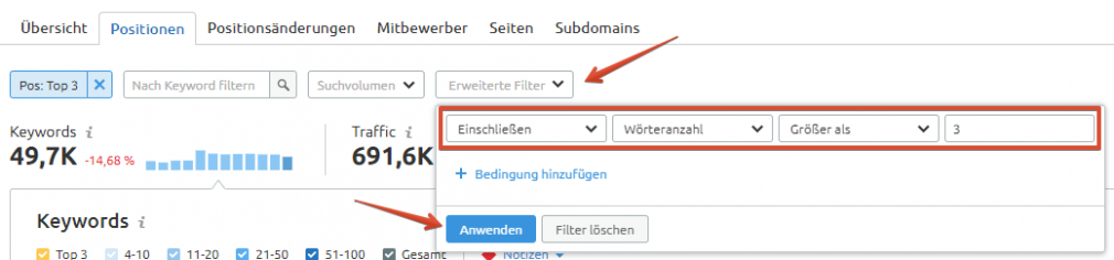 Organische Recherche: Filter Wörteranzahl