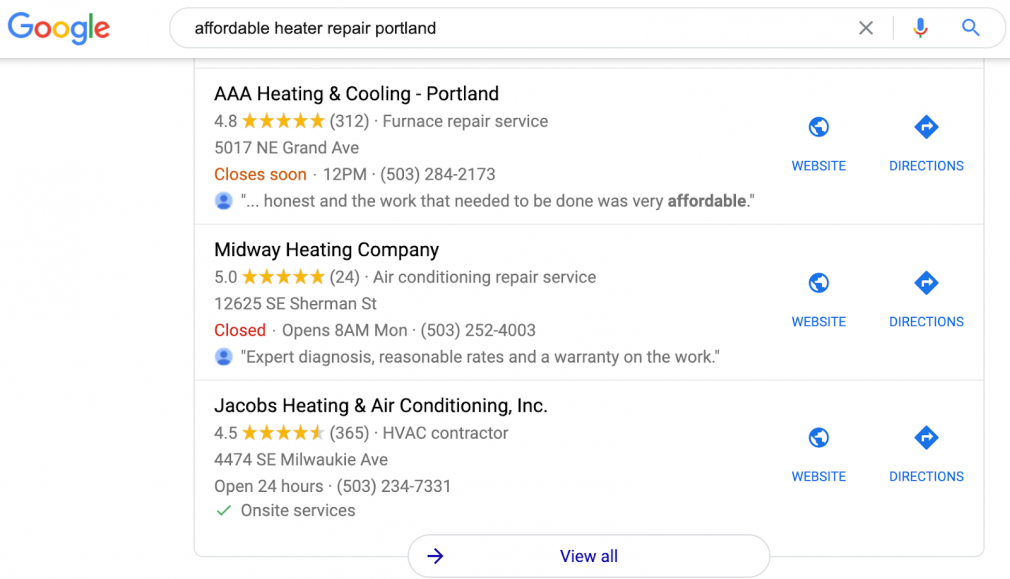affordable heater repair portland map pack example