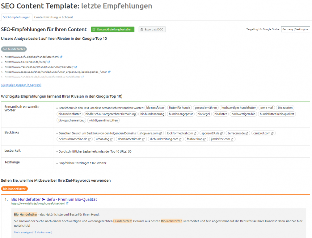 Empfehlungen aus dem SEO Content Template