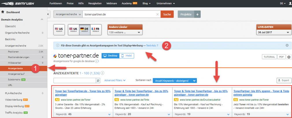 Anzeigen von Konkurrenten beobachten mit SEMrush