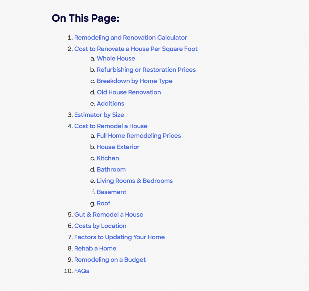 HomeAdvisor table of contents screenshot