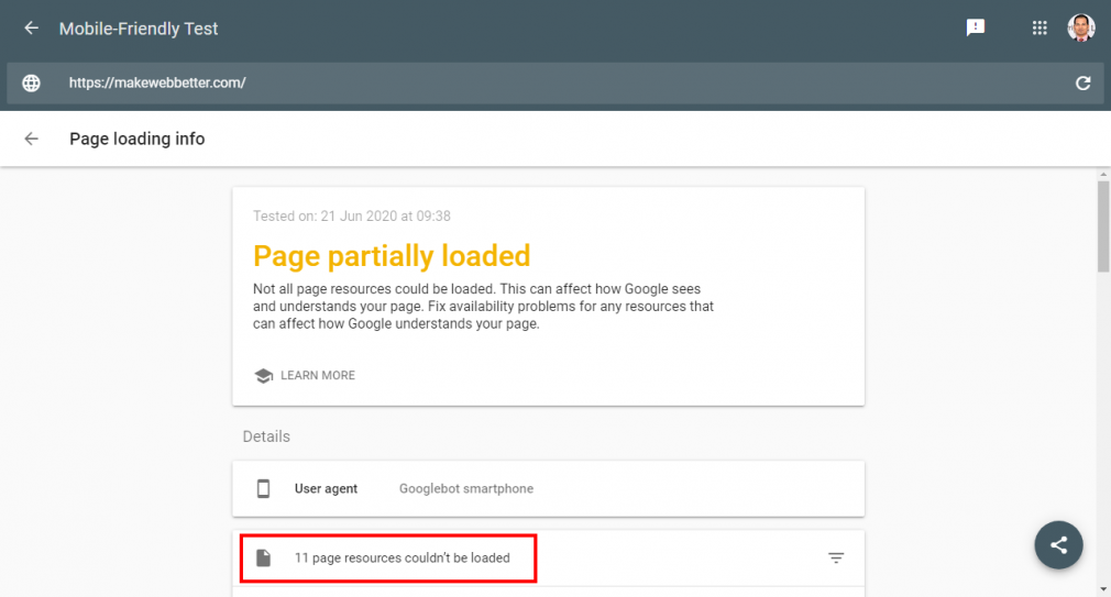 page loading issues results from google mobile friendly test