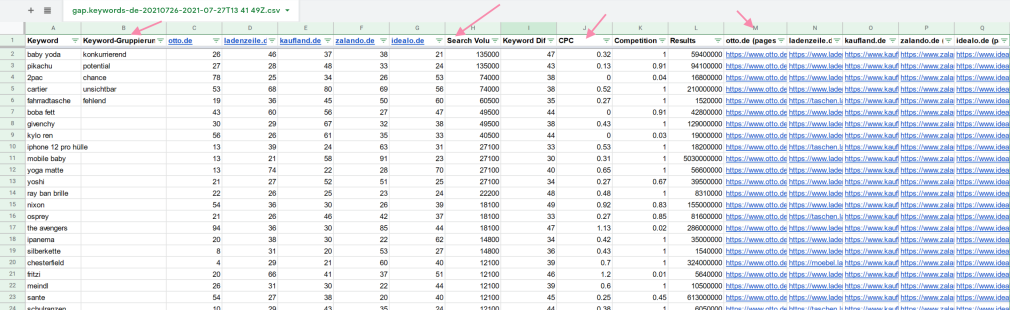 Exportierte Keyword-Tabelle aus Keyword-Gap