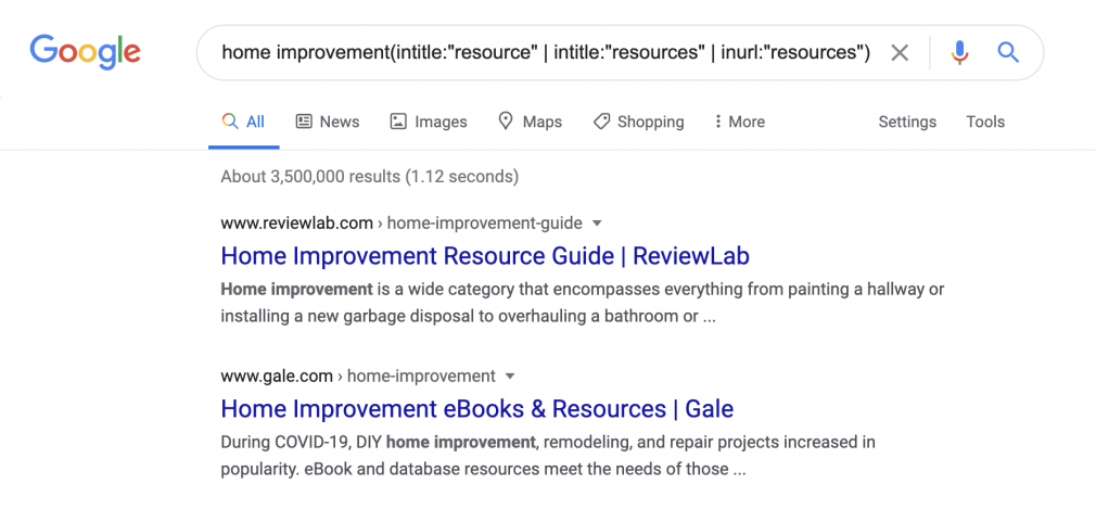 Google Search Operators example screenshot
