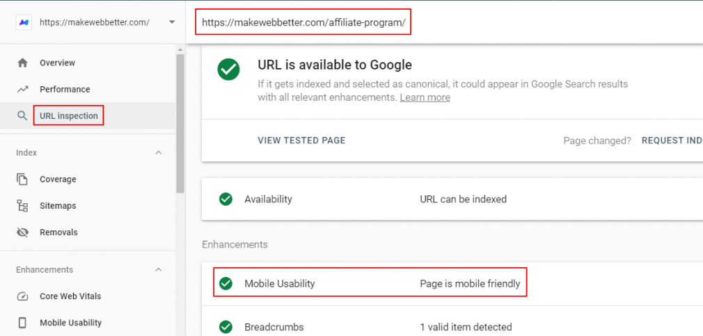 URL inspection tool results from Google Search Console