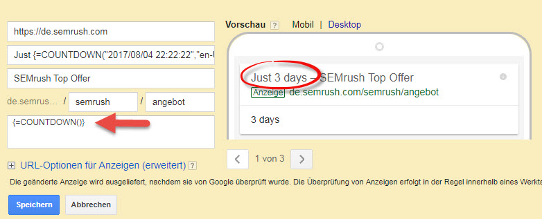 Google Ads Count-Down-Funktion