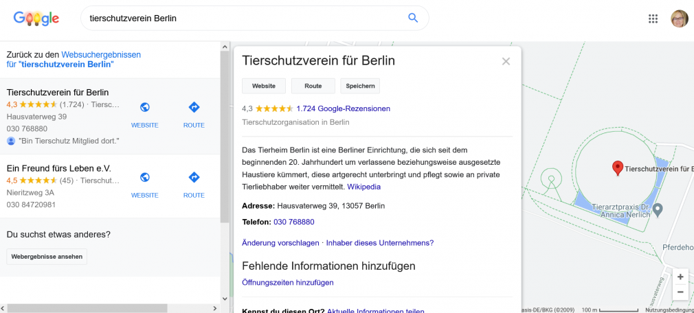 Tierschutzverein Berlin e.V., Lokales Suchergebnis bei Google