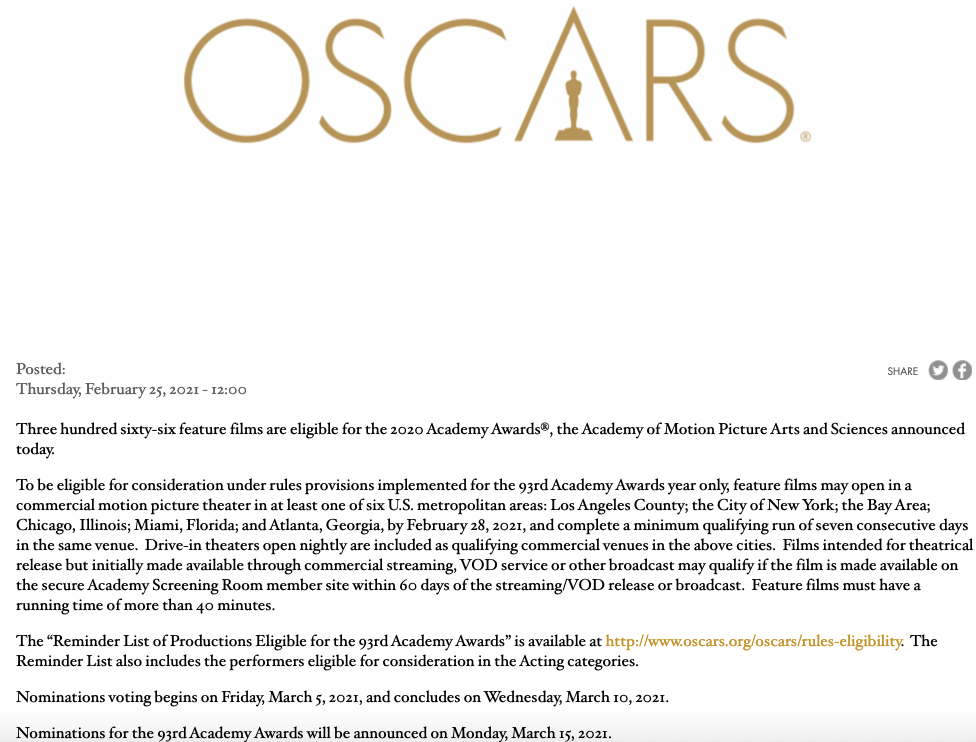 2021 Oscars press release