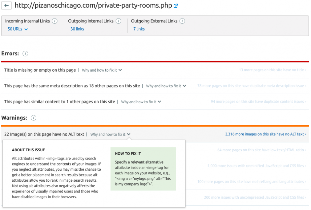 SEMrush duplicate content checker