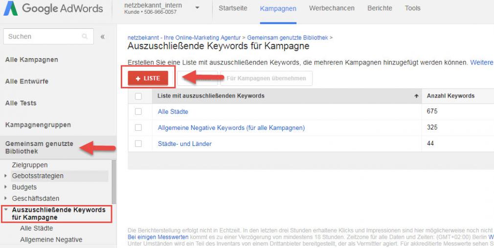 Google Ads Liste negativer Keywords