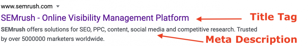 Example of title tag and meta description