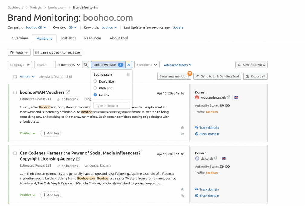 SEMrush Brand Monitoring to find links example