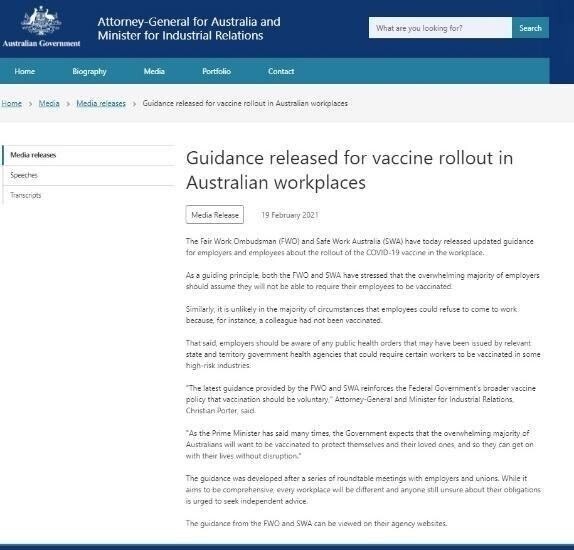 guidance for vaccine rollout in Australian workplaces press release