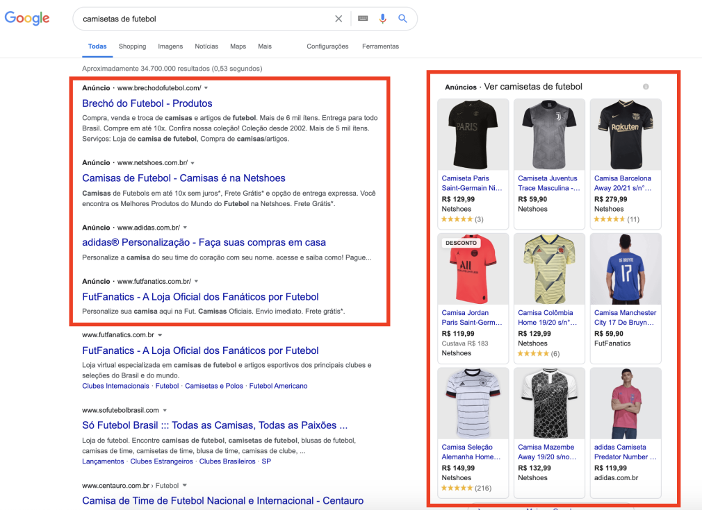 Exemplo de anúncios de PPC