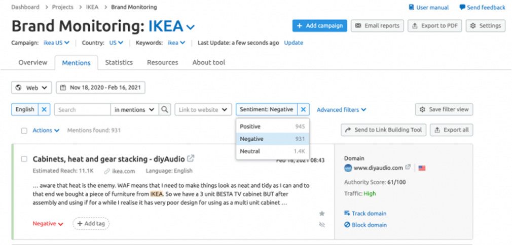 Brand Monitoring-Tool: Registerkarte „Erwähnungen“