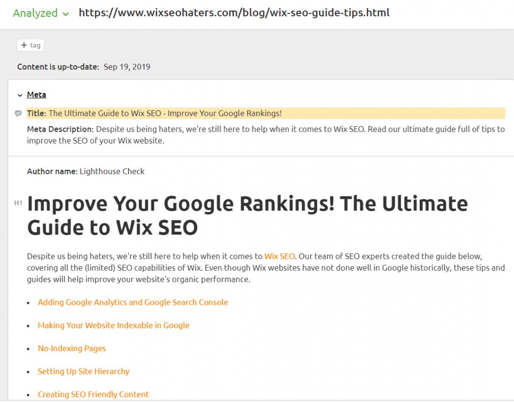 Analyzing content in SEMrush