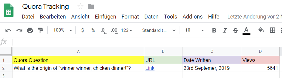 Google-Dokument Quora-Tracking-Tabelle