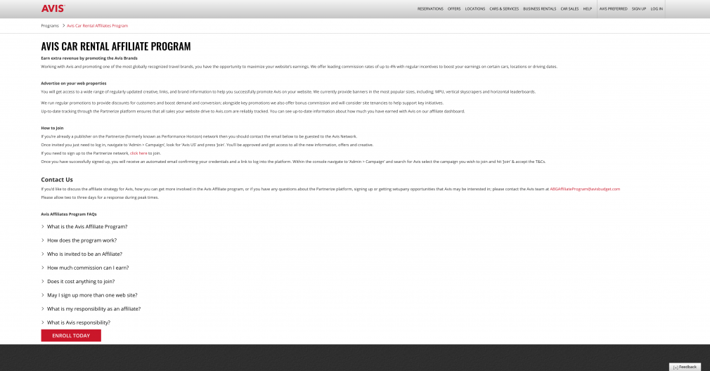 Avis affiliate program screenshot