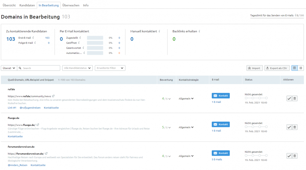 Link Building Tool: Kandidaten in Bearbeitung
