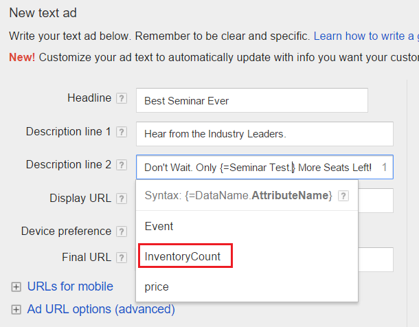 inventory ad customizer setup