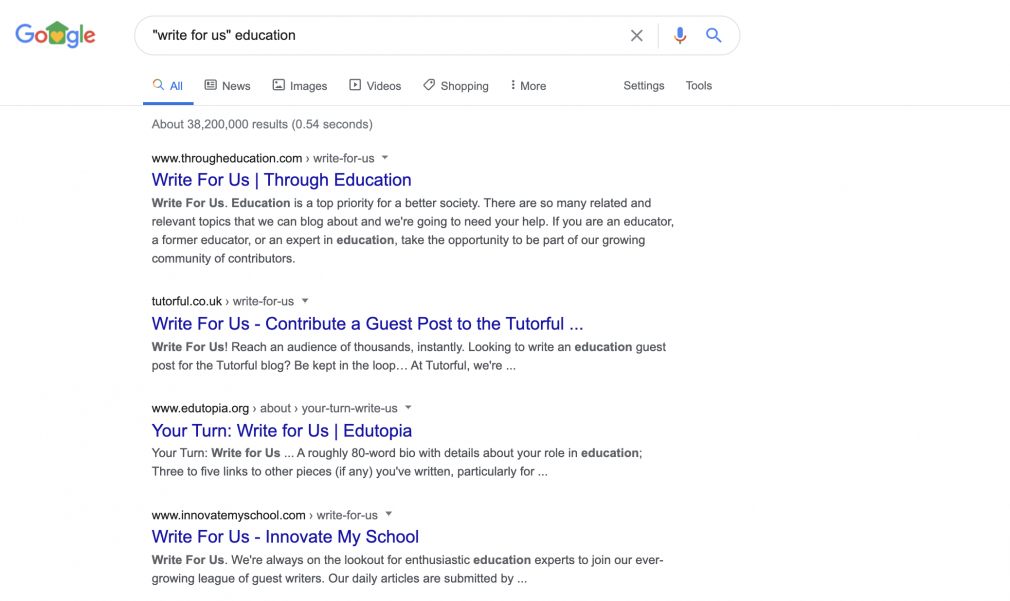 showing write for us in the SERPs to help with link building