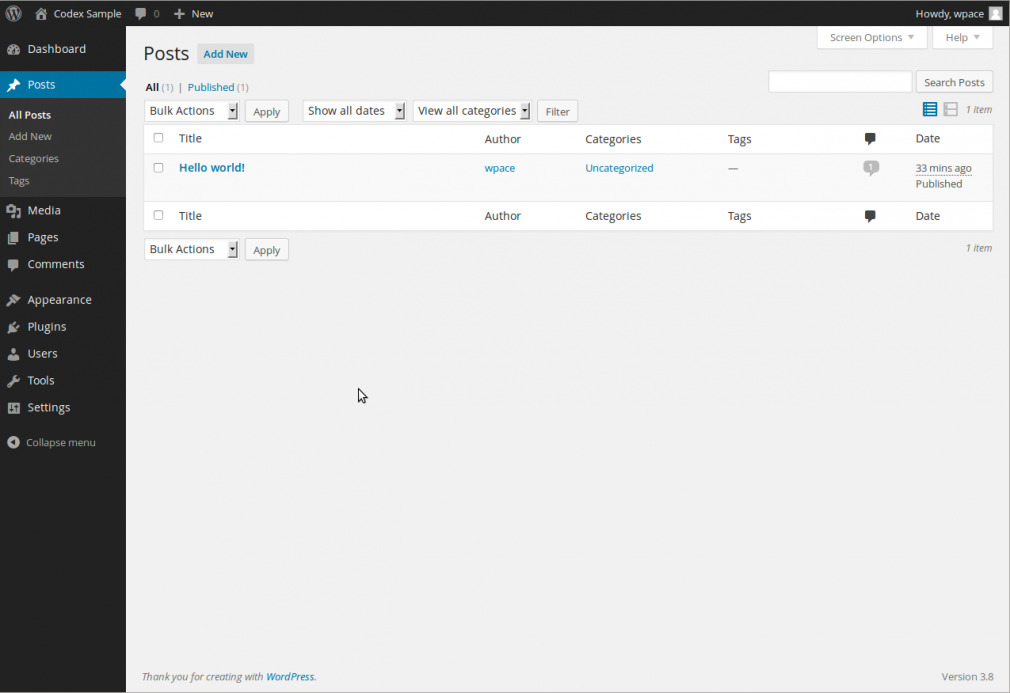 A screenshot of the WordPress admin dashboard, showing the Posts screen.