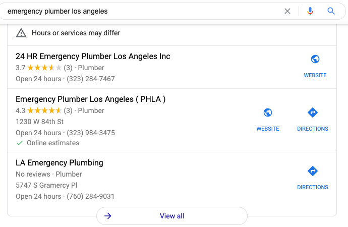 Emergency plumber Los Angeles Google map pack