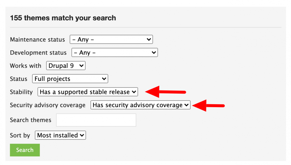 A screenshot of theme searching on drupal.org, showing how to filter for Security Advisory Policy themes.
