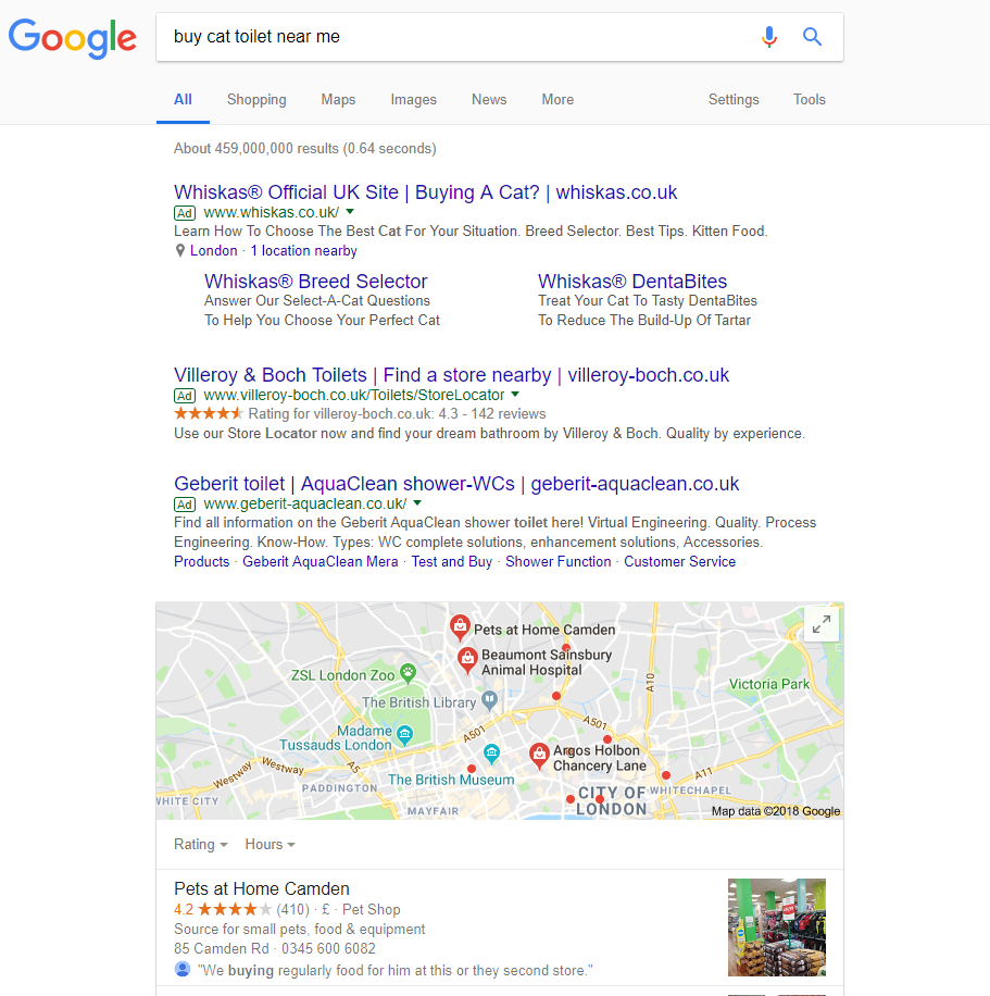 Search results for 'buy cat toilet near me' (In der englischen Version sind die Ergebnisse lokal kommerziell wie beschrieben. In der deutschen Fassung sieht es ein bisschen anders aus.