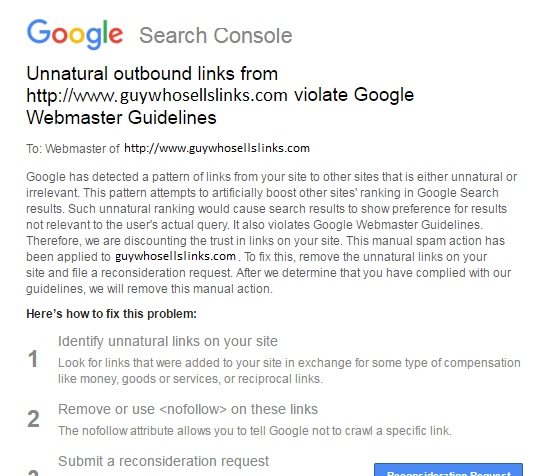 unnatural link message in search console