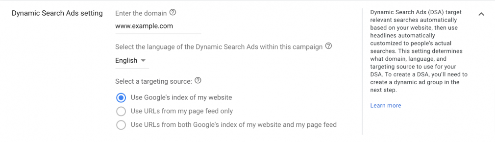 dynamic search ad settings