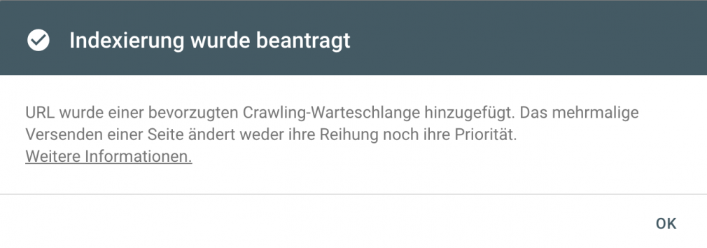 Benachrichtigung über die Beantragung der Indexierung nach dein Einreichen einer URL in derGoogle Search Console