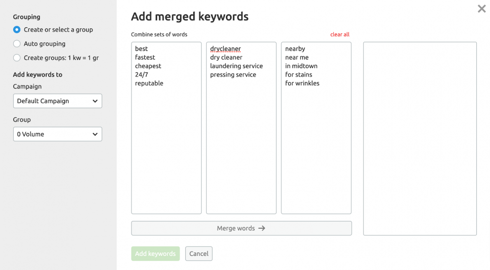 Merge keywords in Semrush