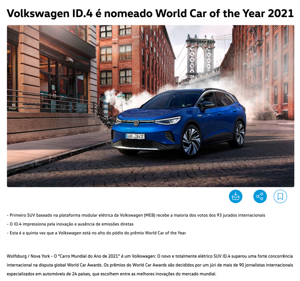 Exemplo da Volkswagen de press release