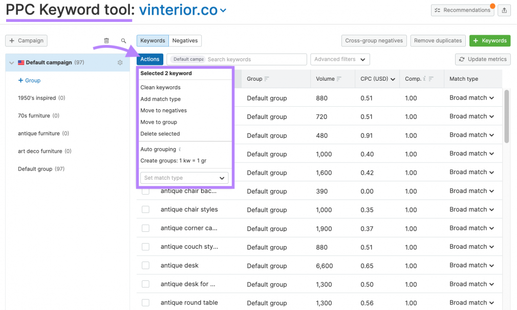 PPC Keyword tool results for vinterior.co