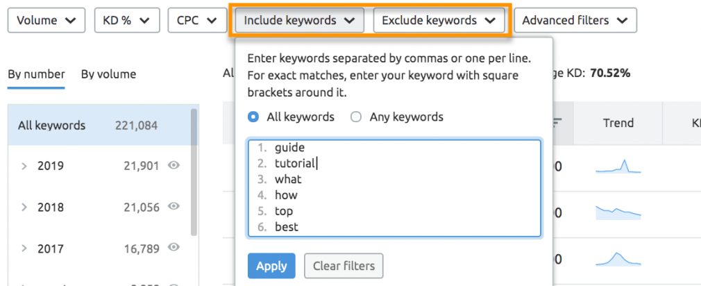 como entender intenção de busca Keyword Magic tool