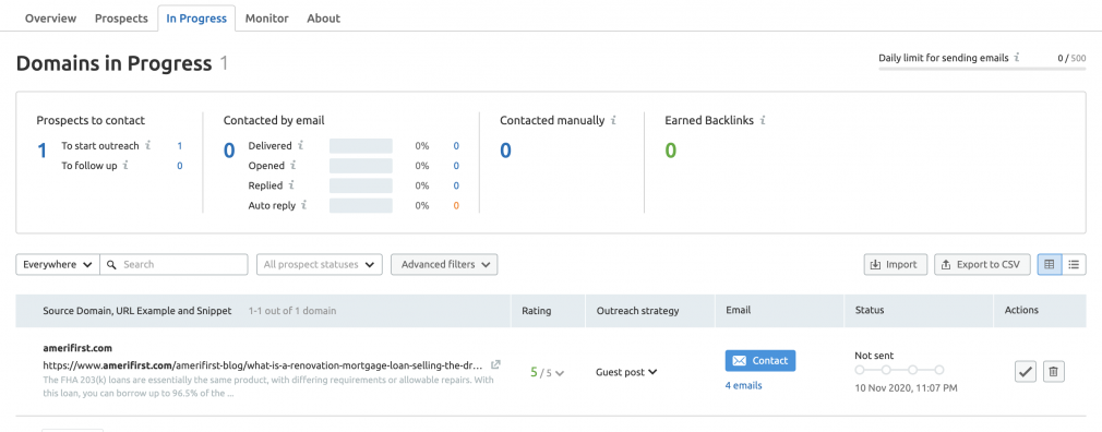 Domains in Progress tab