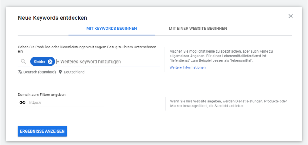 Keyword-Planer Keywords finden