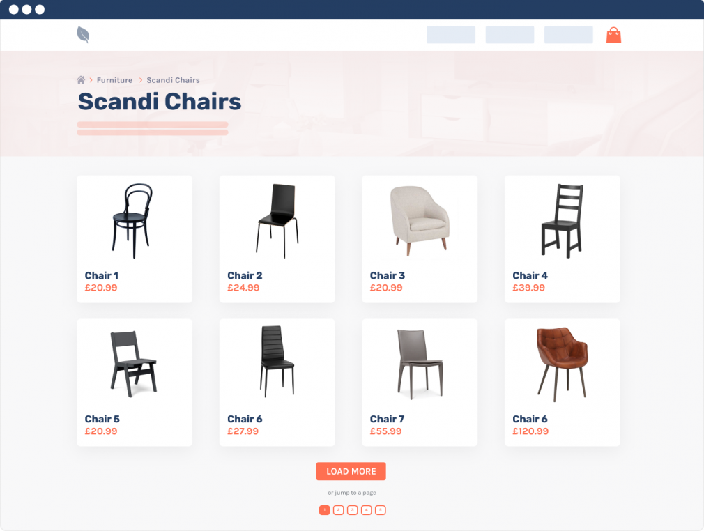 A visual example of both load more buttons and numbered pagination combined