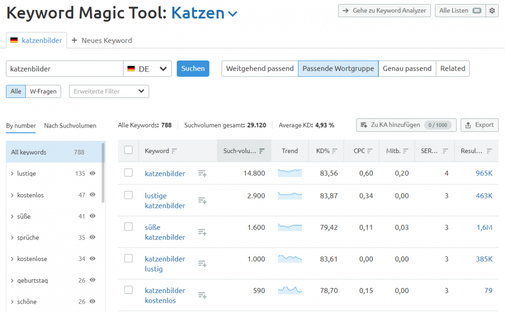 Keyword Magic: Ergebnisliste