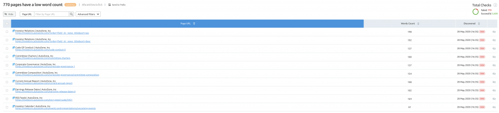 Showing pages with low word count in the site audit report
